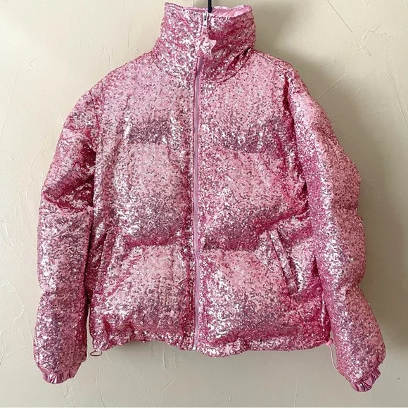 Pink sequin puffer jacket- size Small in women’s. Reversible foil pink - Picture 2 of 9